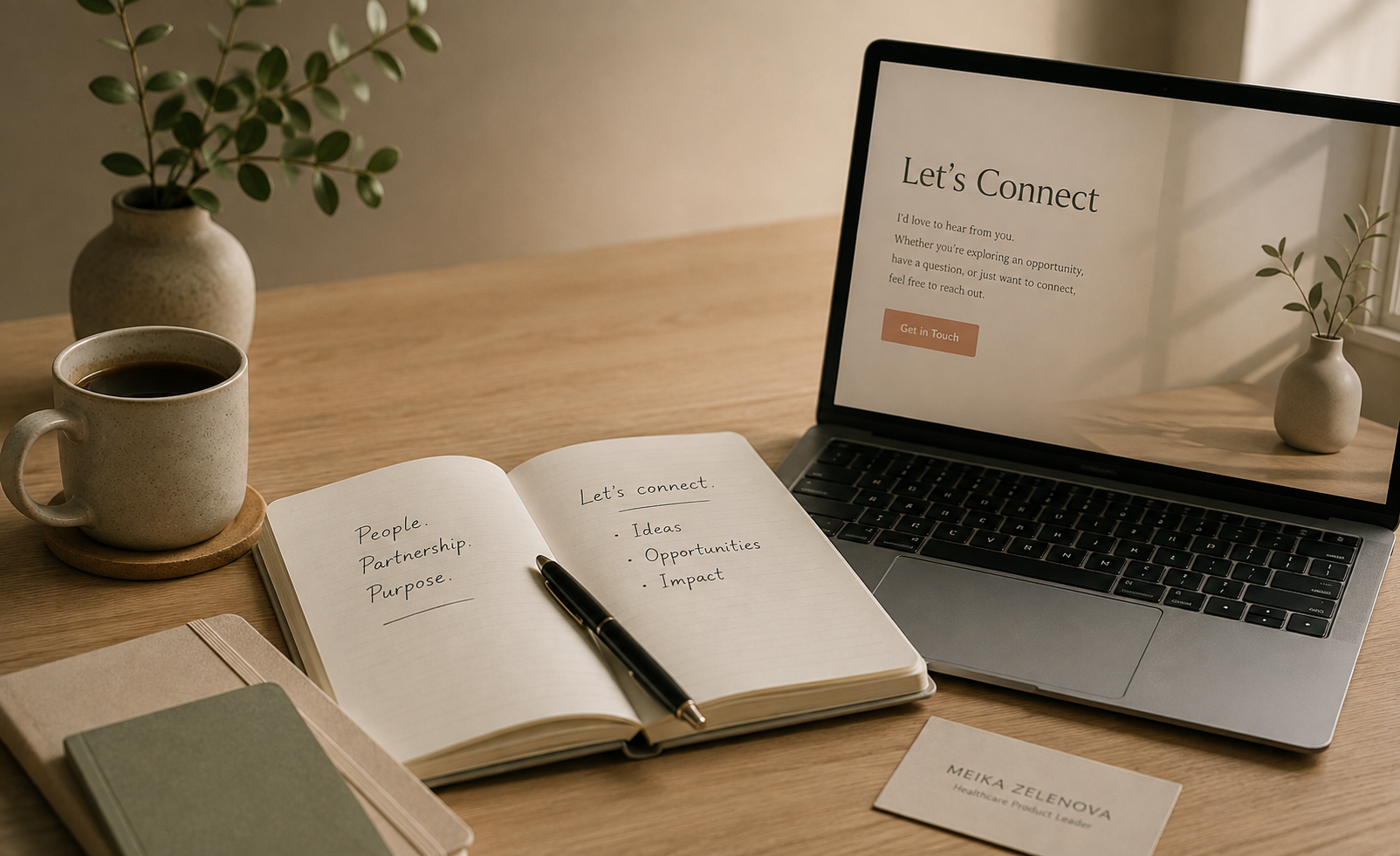 A workspace with a laptop displaying a contact page, an open notebook with handwritten notes titled 'Let's connect,' a pen, a cup of coffee on a coaster, two small vases with green foliage, and closed notebooks on a wooden desk.