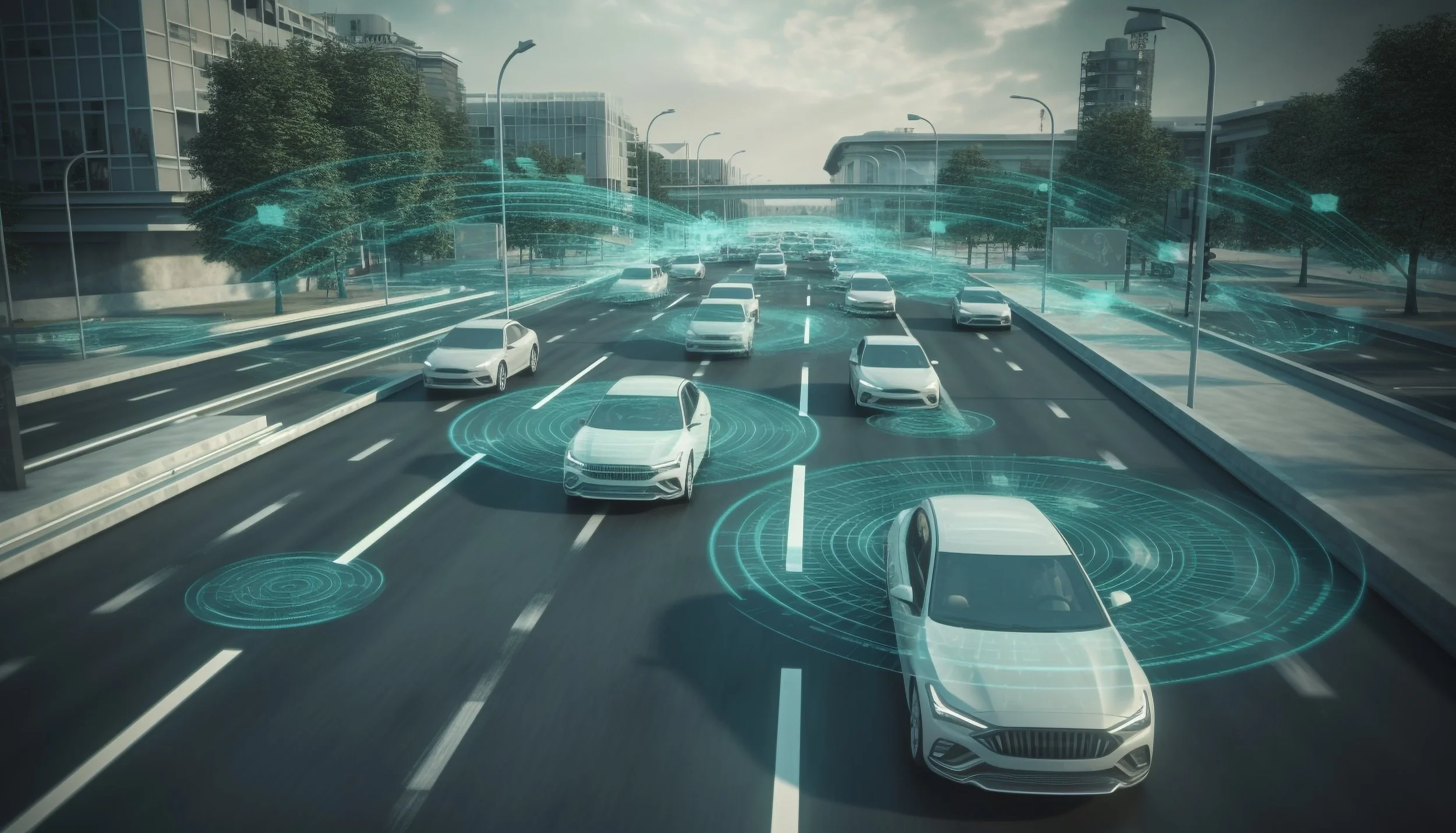 Self-driving cars on a city street with digital overlays indicating autonomous vehicle sensors and data exchange.