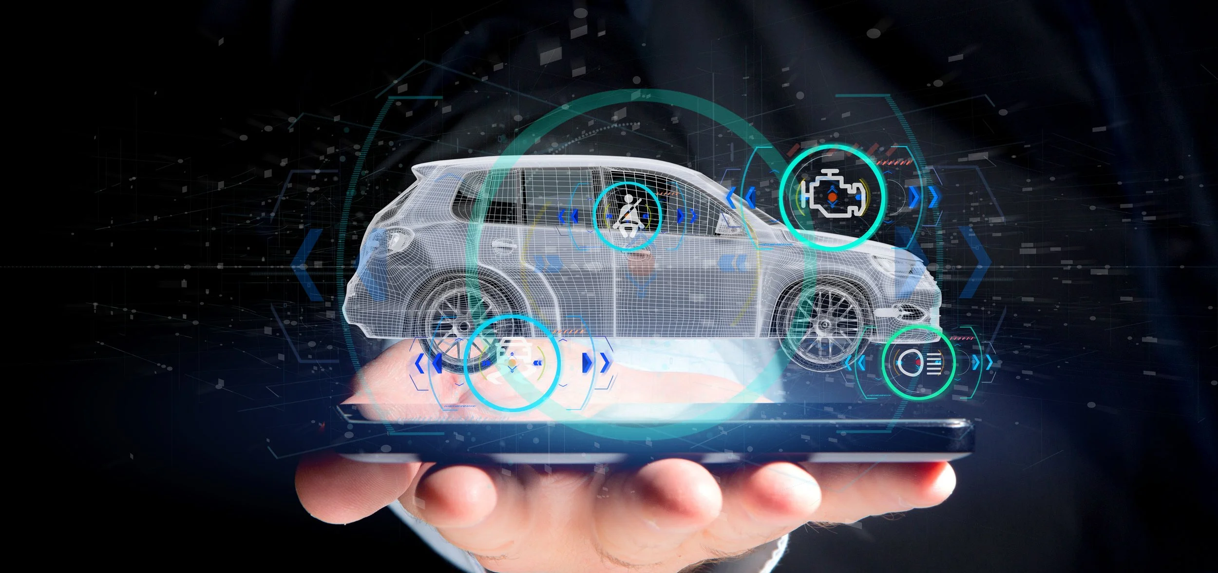Futuristic digital illustration of a car, with a wireframe overlay, emerging from a smartphone held in a person's hand, surrounded by various icons and data visualizations representing automotive technology and connectivity.