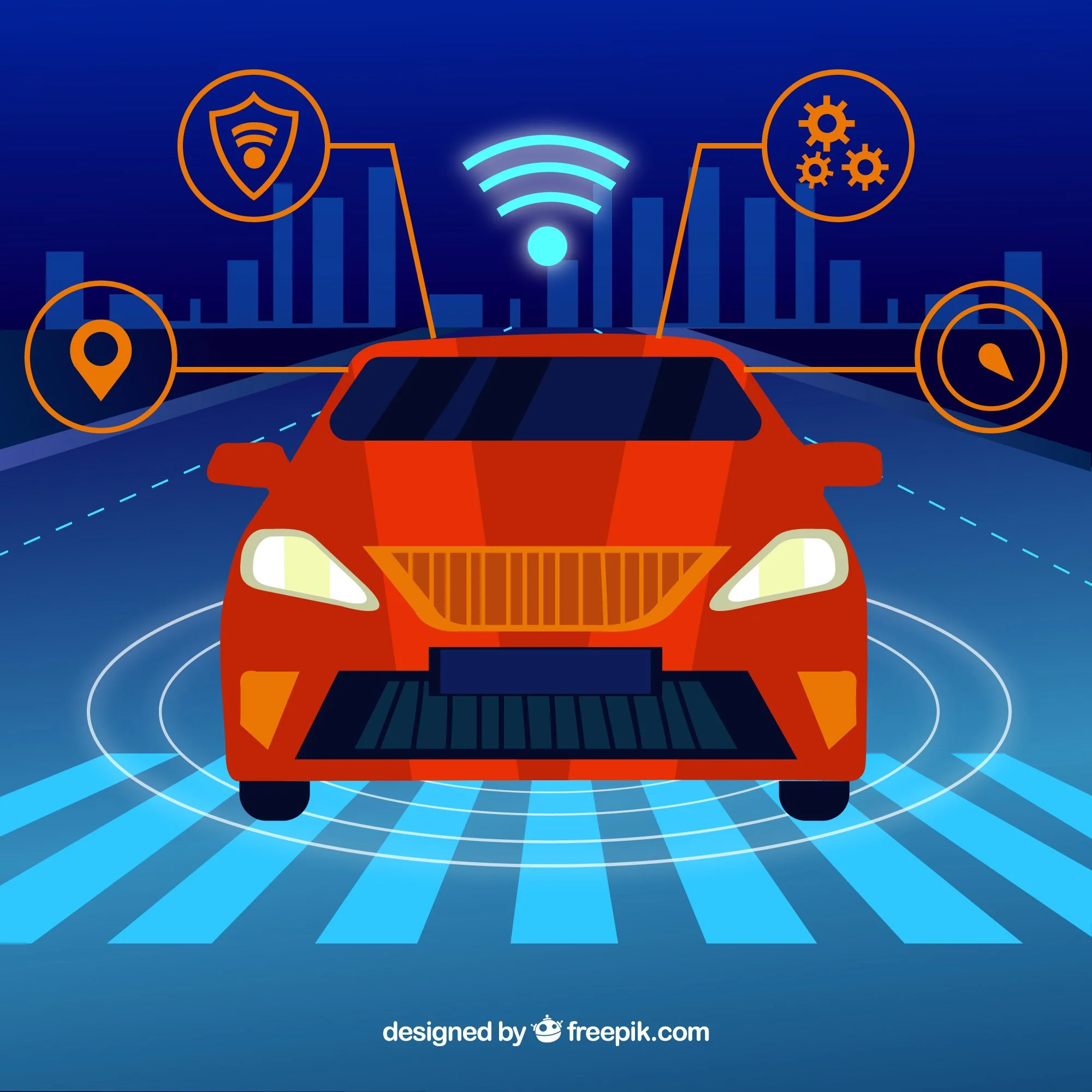 Illustration showing self-driving car with Wi-Fi signal, security shield, dashboard controls, technical gears, pin location, and compass icons over a digital blue background with graphs.