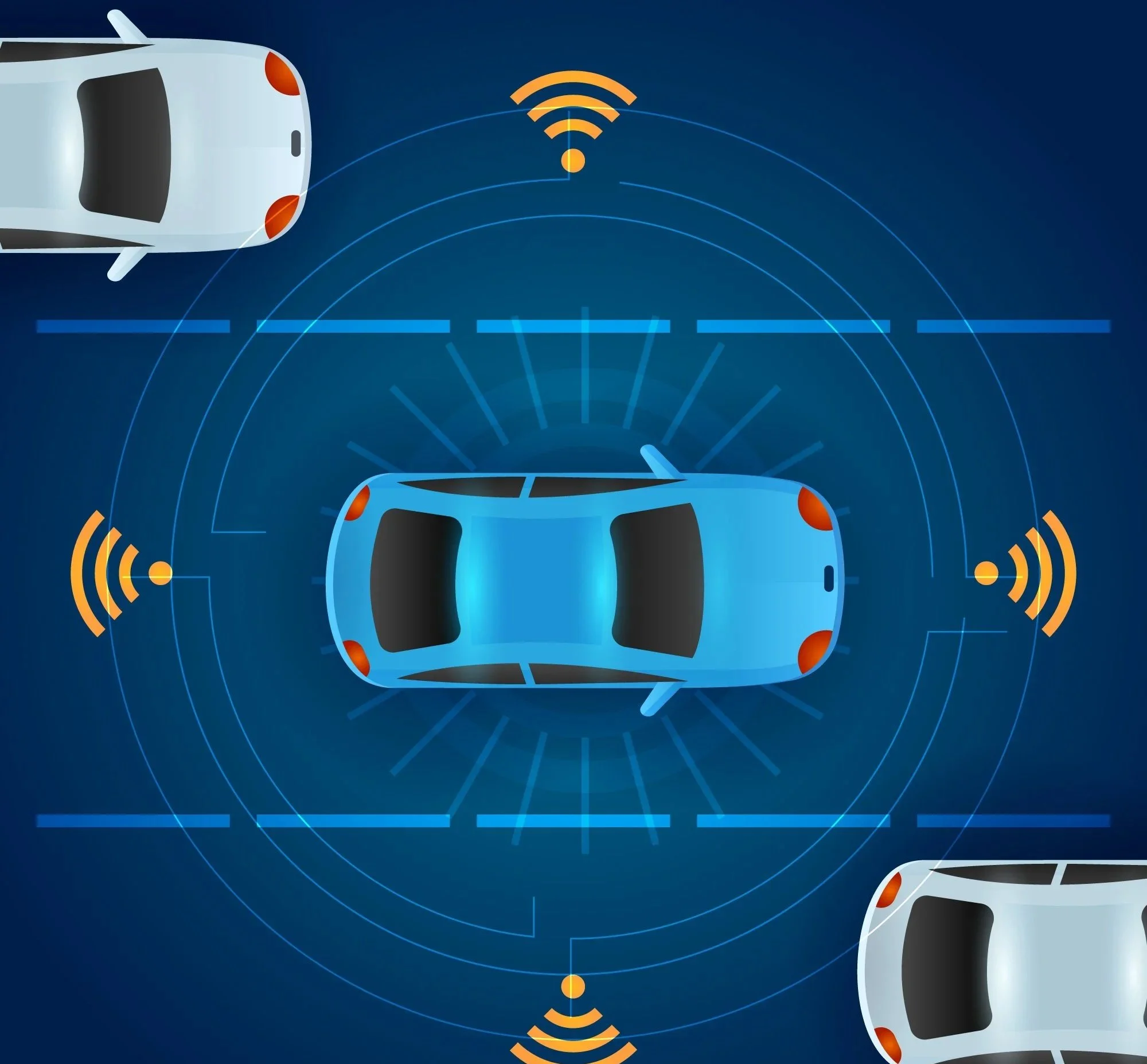 Illustration of two autonomous cars with sensors and wireless signals indicating vehicle-to-vehicle communication.