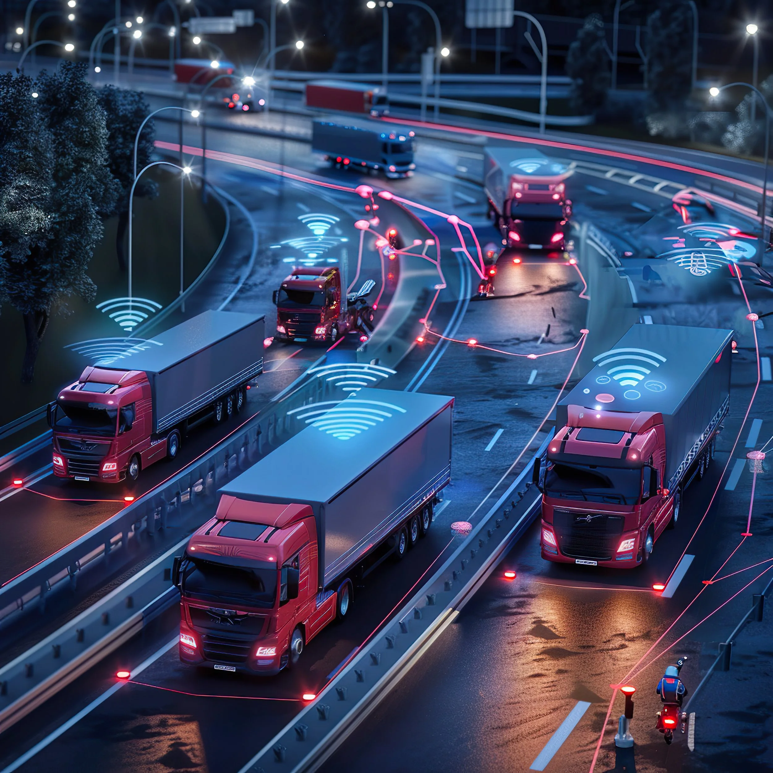 A nighttime city street with multiple cars, trucks, and buses traveling along a highway with illuminated streetlights and glowing lane markers, some of which are depicted with digital blue and red lines representing smart technology and connected vehicle infrastructure.