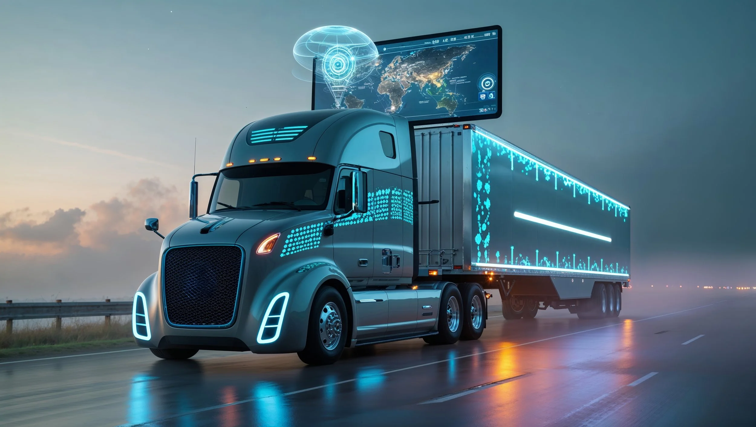 A futuristic semi-truck with neon blue lighting driving on a highway at dusk, featuring digital graphics on the trailer and holographic world map projection above.