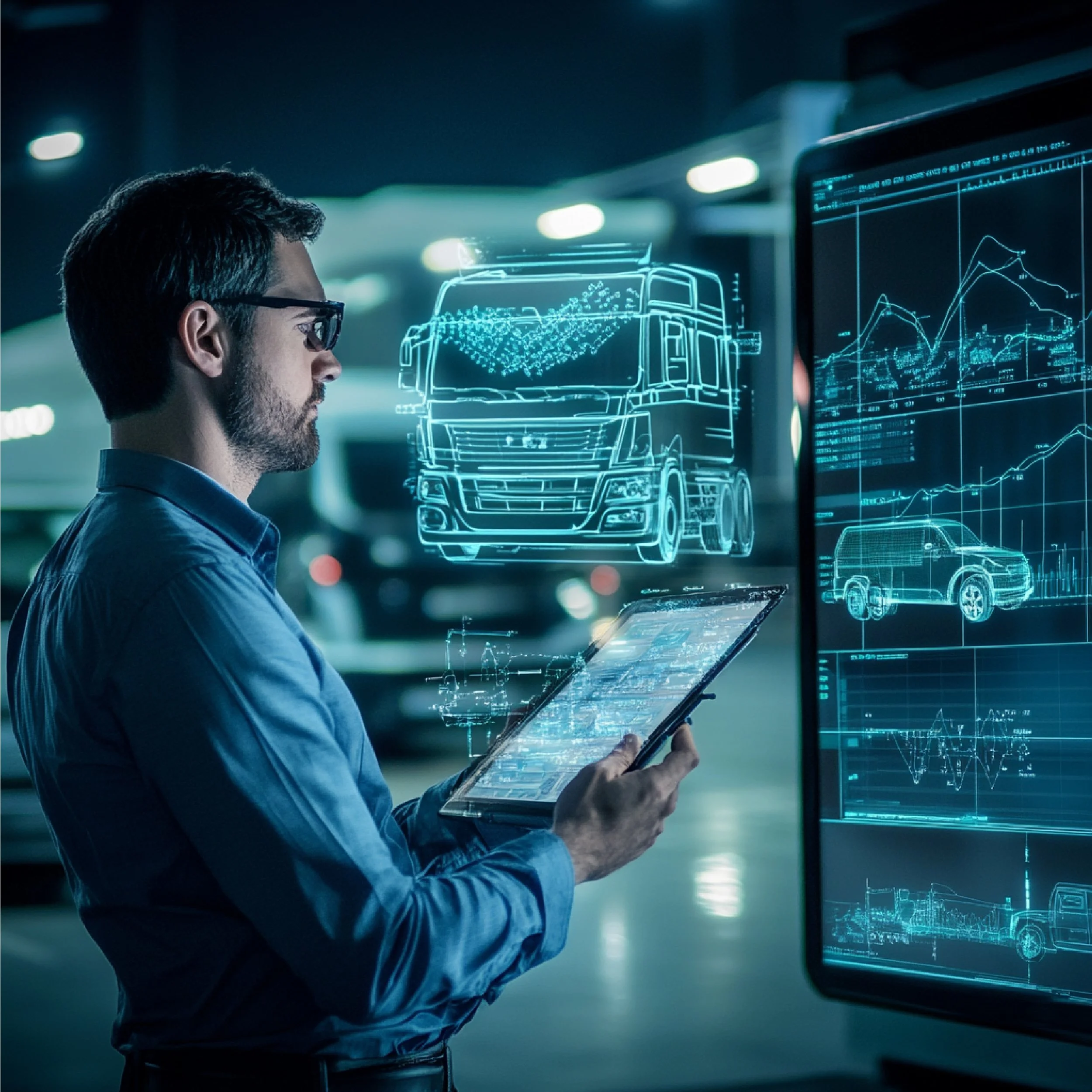 A man with glasses in a business suit standing in a high-tech control room, looking at holographic screens displaying 3D digital models of trucks and data charts.