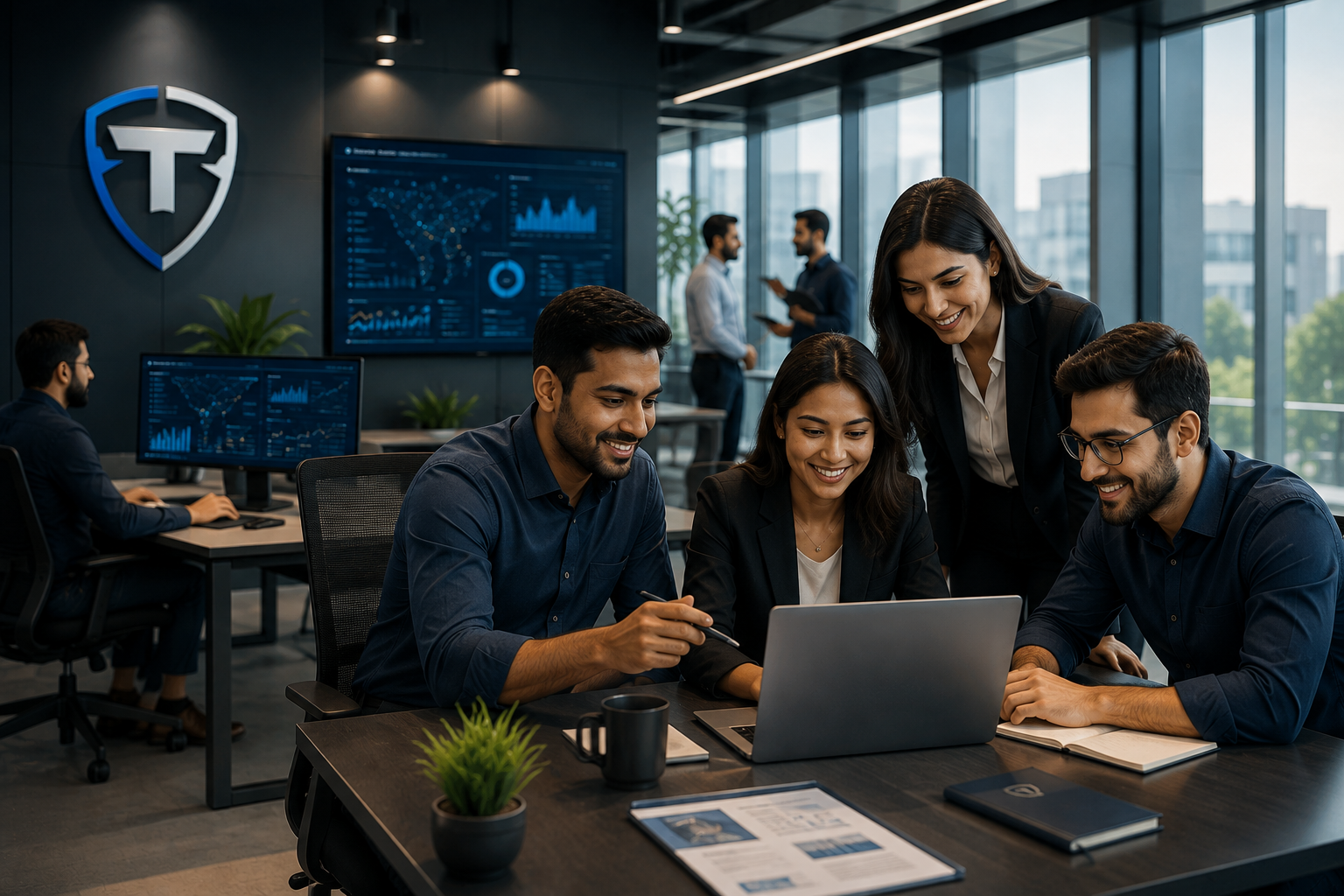 Group of four diverse professionals collaborating around a laptop in a modern office with large windows and data dashboards on screens.