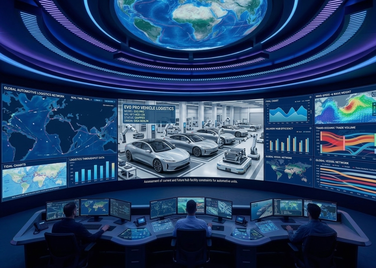 A futuristic control room with multiple monitors displaying world maps, data charts, and graphs. The room features a large, curved screen showing an automotive factory with cars being assembled and labeled information about vehicle logistics. Three people are working at a station with additional screens in front of them, monitoring the operations.