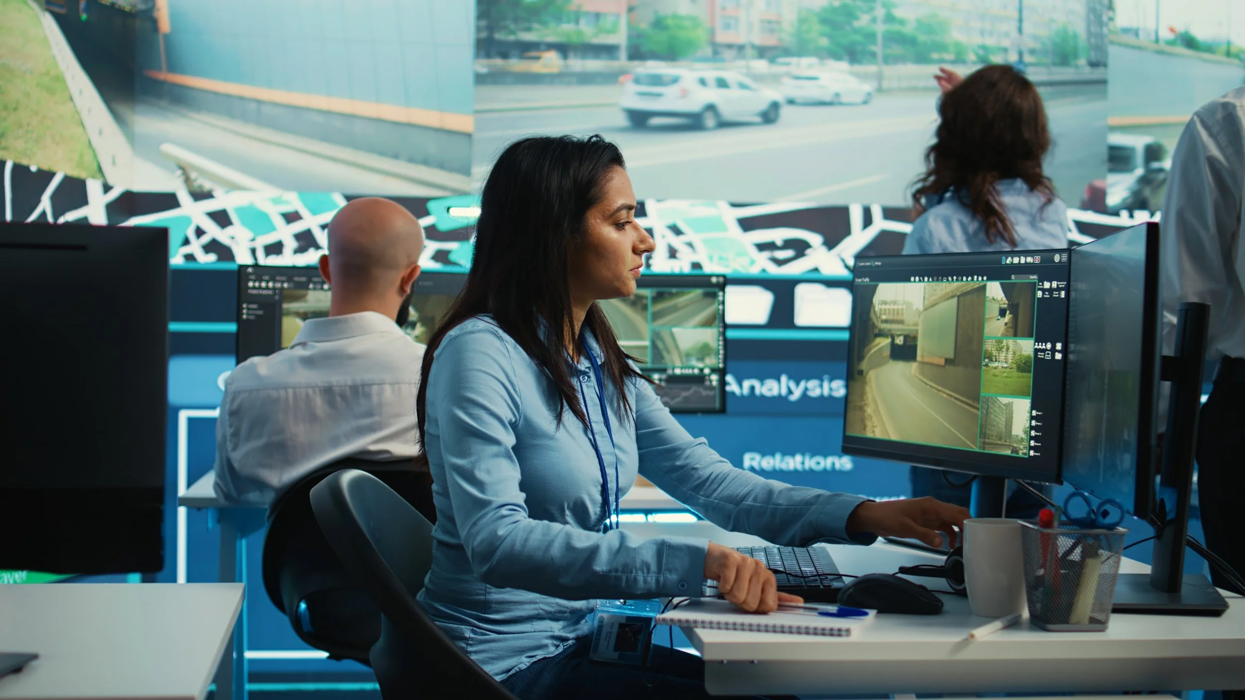 Several people working at a control center with multiple computer screens displaying traffic analysis and road maps, with a view of traffic and buildings outside through large windows.
