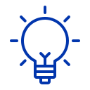 Stylized blue outline of a light bulb with rays of light around it.