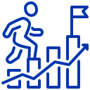 A blue line drawing of a person climbing stairs on an upward-trending graph with a flag at the top