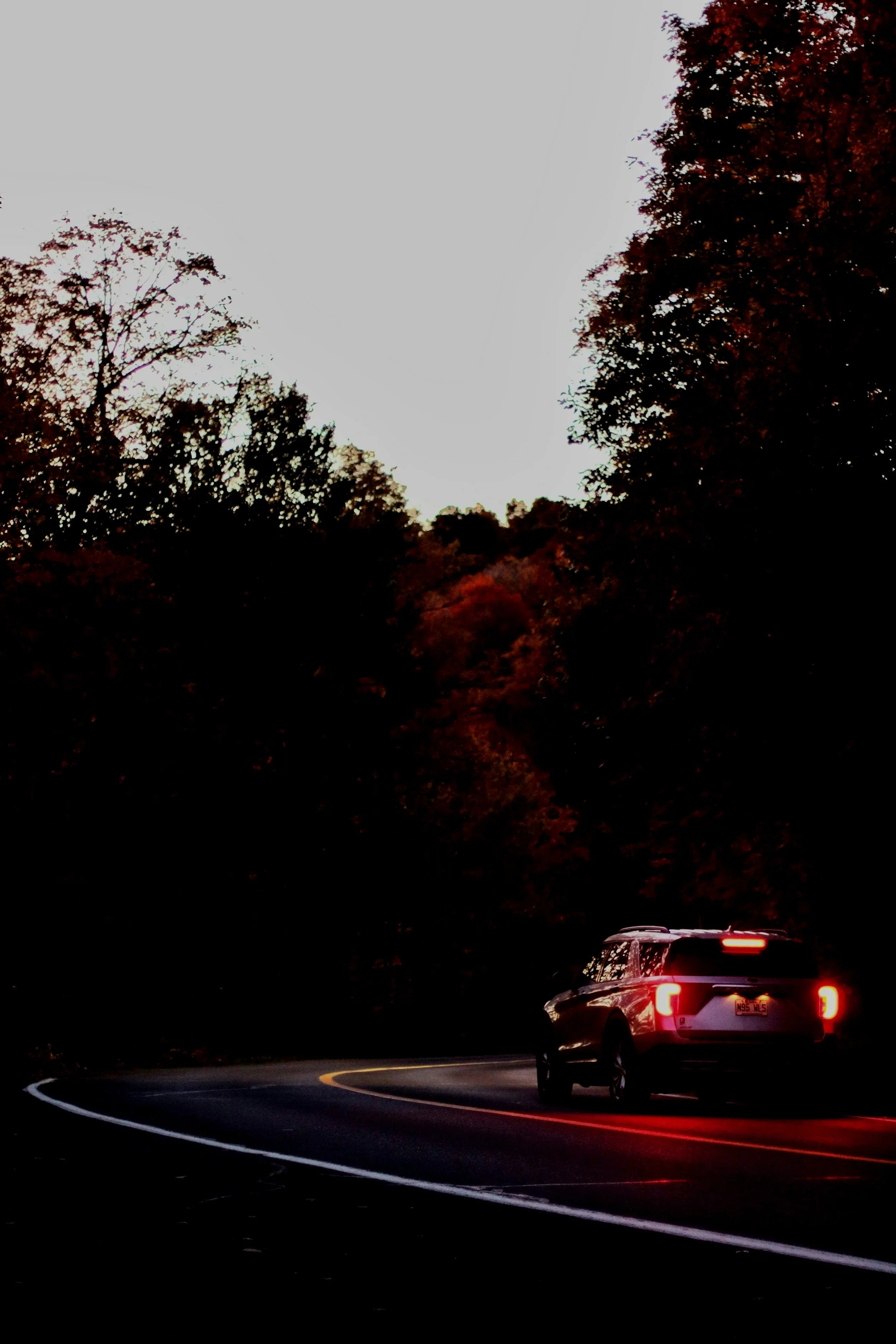 A white SUV driving on a winding mountain road at dusk, surrounded by tall trees with orange and green leaves.