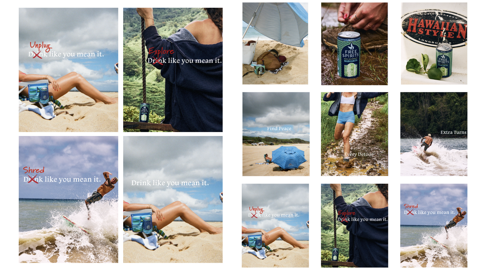 Collage of outdoor scenes with people relaxing and enjoying nature. Includes a woman lounging on a sandy beach, various can of sparkling water, a person swinging on a rope, a beach umbrella with a towel underneath, someone sitting on a muddy trail, and a person surfing on a lake. Text overlays say: 'Unplug Drink like you mean it.', 'Explore Drink like you mean it.', 'Find Peace', 'Every Detour', and 'Extra Turns'.