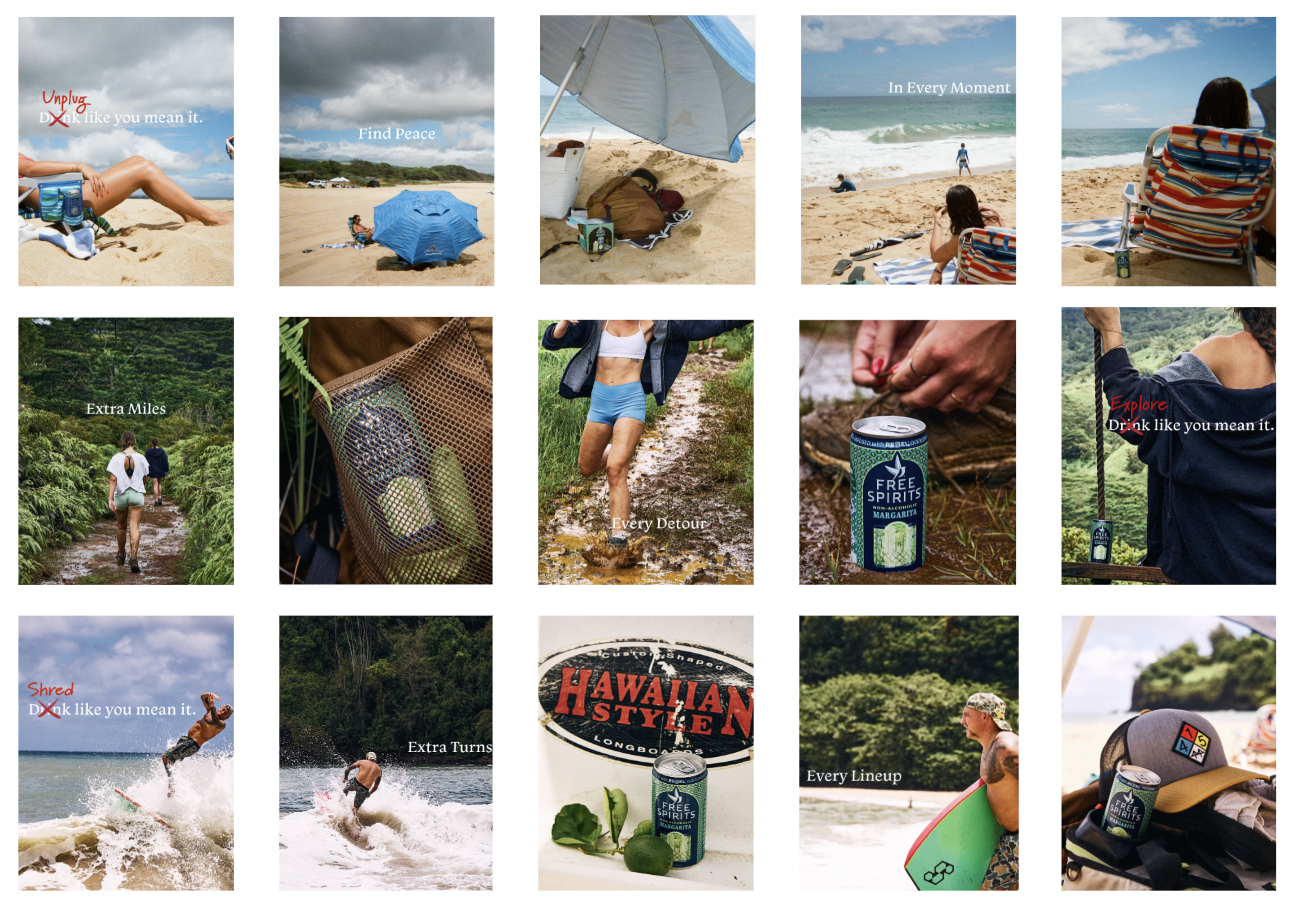 A collage of outdoor activities, including relaxing at the beach, hiking through a lush green trail, running through a muddy track, surfing at the ocean, and packing or relaxing outdoors with canned drinks.