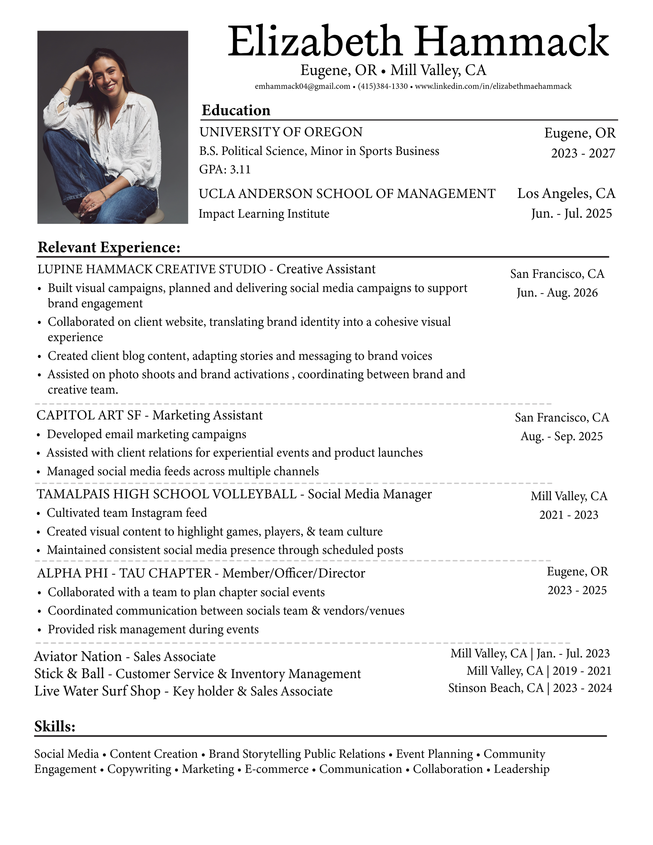 Resume of Elizabeth Hammack featuring her photograph, contact details, education, relevant experience, skills, and leadership roles in a professional layout.