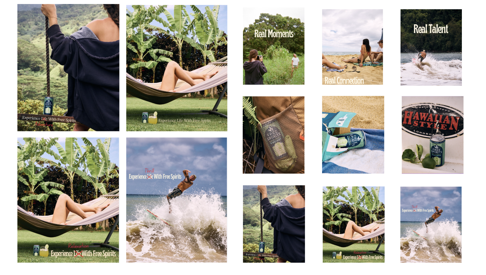 A collage of outdoor leisure activities featuring people relaxing in a hammock, taking photographs in a forest, and surfing on the ocean. The images include slogans like 'Experience Life With Free Spirits', 'Real Moments', 'Real Connection', 'Thrill', and 'Relaxation'. There are also images of beverage cans with the text 'Free Spirits'.