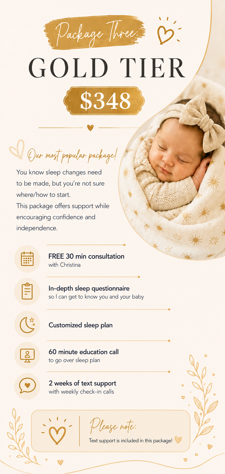The Baby Stork Club Gold Tier sleep consulting package priced at $348, including a free 30-minute consultation, in-depth sleep questionnaire, customized sleep plan, 60-minute education call, and two weeks of text support with weekly check-ins.