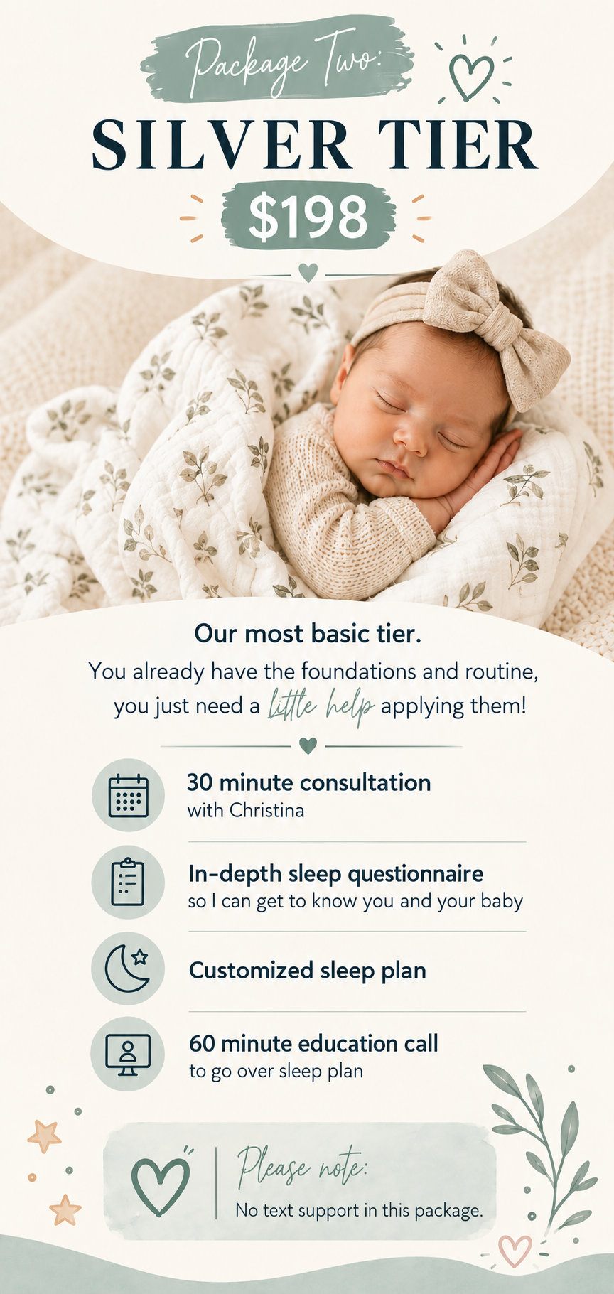 The Baby Stork Club Silver Tier sleep consulting package priced at $198, including a free 30-minute consultation, in-depth sleep questionnaire, customized sleep plan, 60-minute education call, and two weeks of text support with weekly check-ins.