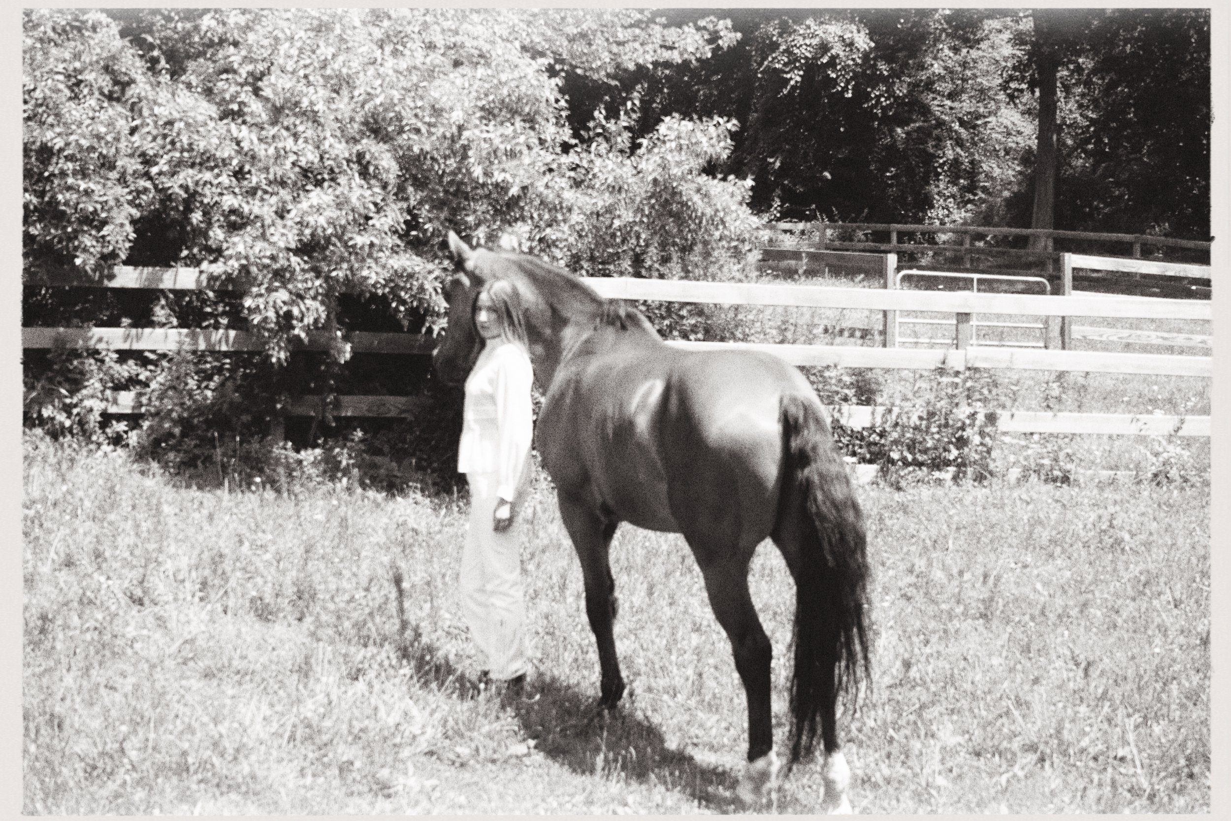 A woman with long hair and glasses standing outdoors next to a horse in a grassy area, with trees and a wooden fence in the background.