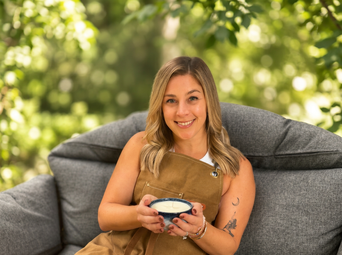 A woman with shoulder-length blonde hair sitting on a gray couch with a leafy outdoor background, smiling and holding a blue bowl with a cream-colored substance.
