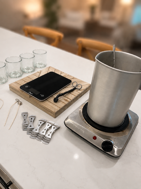 Laboratory distillation setup on a white countertop with a digital scale, glassware, and metal clips.