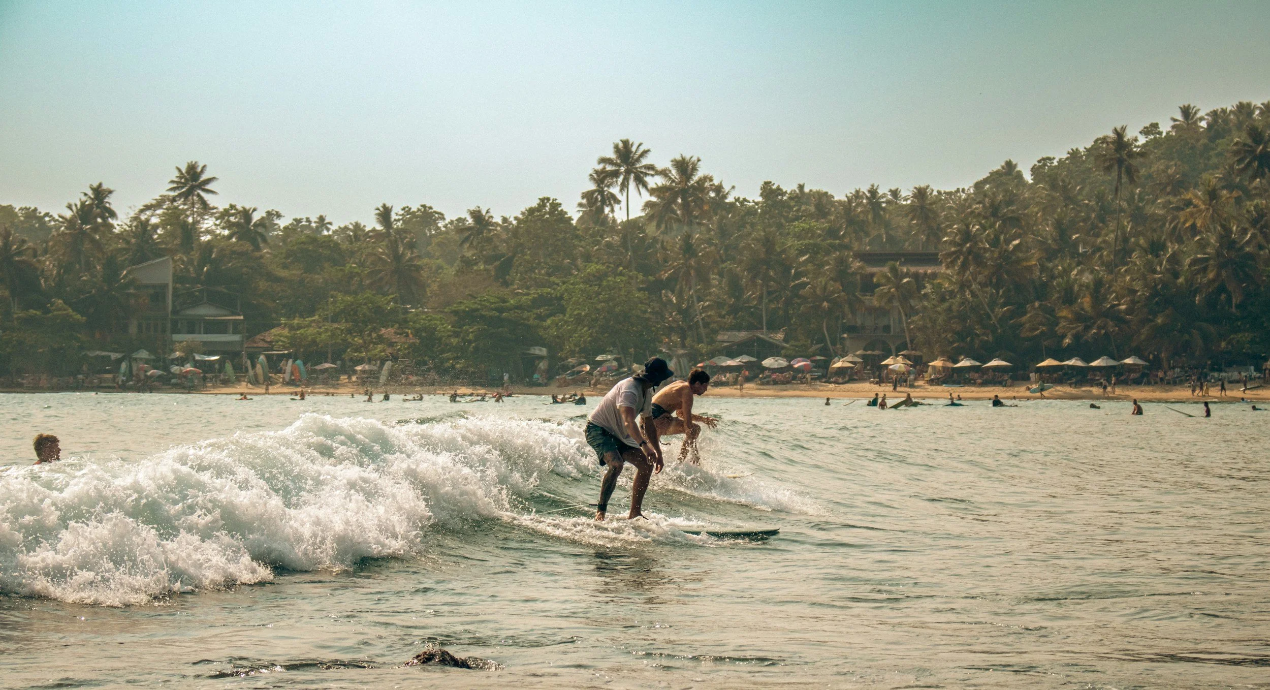 People enjoying surfing on the ocean and a beach with high palm trees in the background.