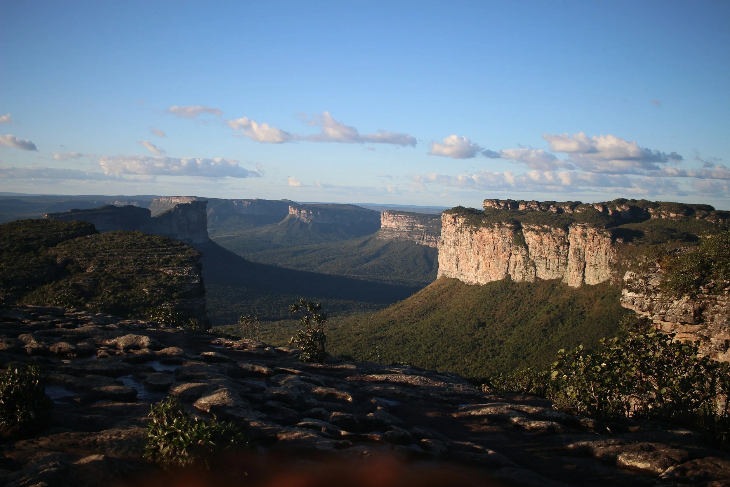 View of a huge canyon in Chapada Diamantina with steep cliffs, green vegetation, and a sky with scattered clouds.