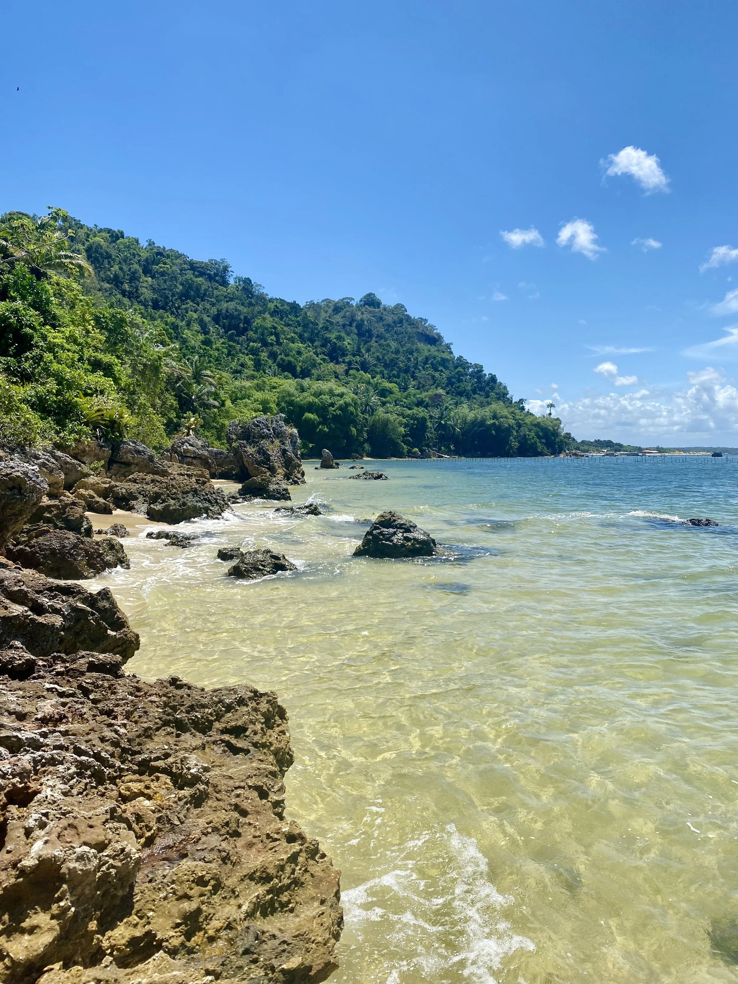 A tropical beach with rocky shoreline, clear water, lush green hillside, and a blue sky with a few scattered clouds.