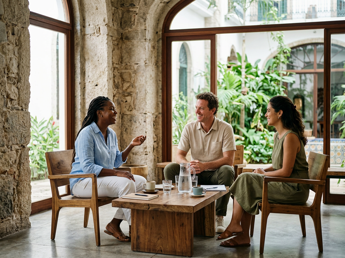 Three people sitting around a wooden coffee table, engaged in conversation and smiling, in a bright room with large windows and lush green plants outside.