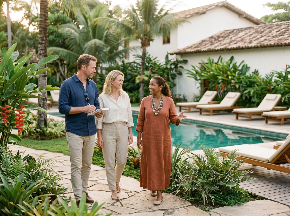 Three people are walking and talking near a pool area in a lush, tropical resort with lounge chairs and greenery.