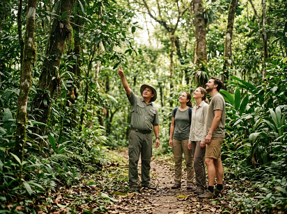 A group of three tourists listening to a guide pointing towards trees in a lush rainforest.
