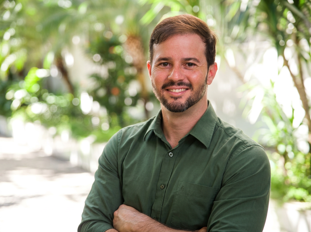 A man with short brown hair and a beard, wearing a green button-up shirt, smiling with arms crossed, standing outdoors surrounded by green plants and trees.