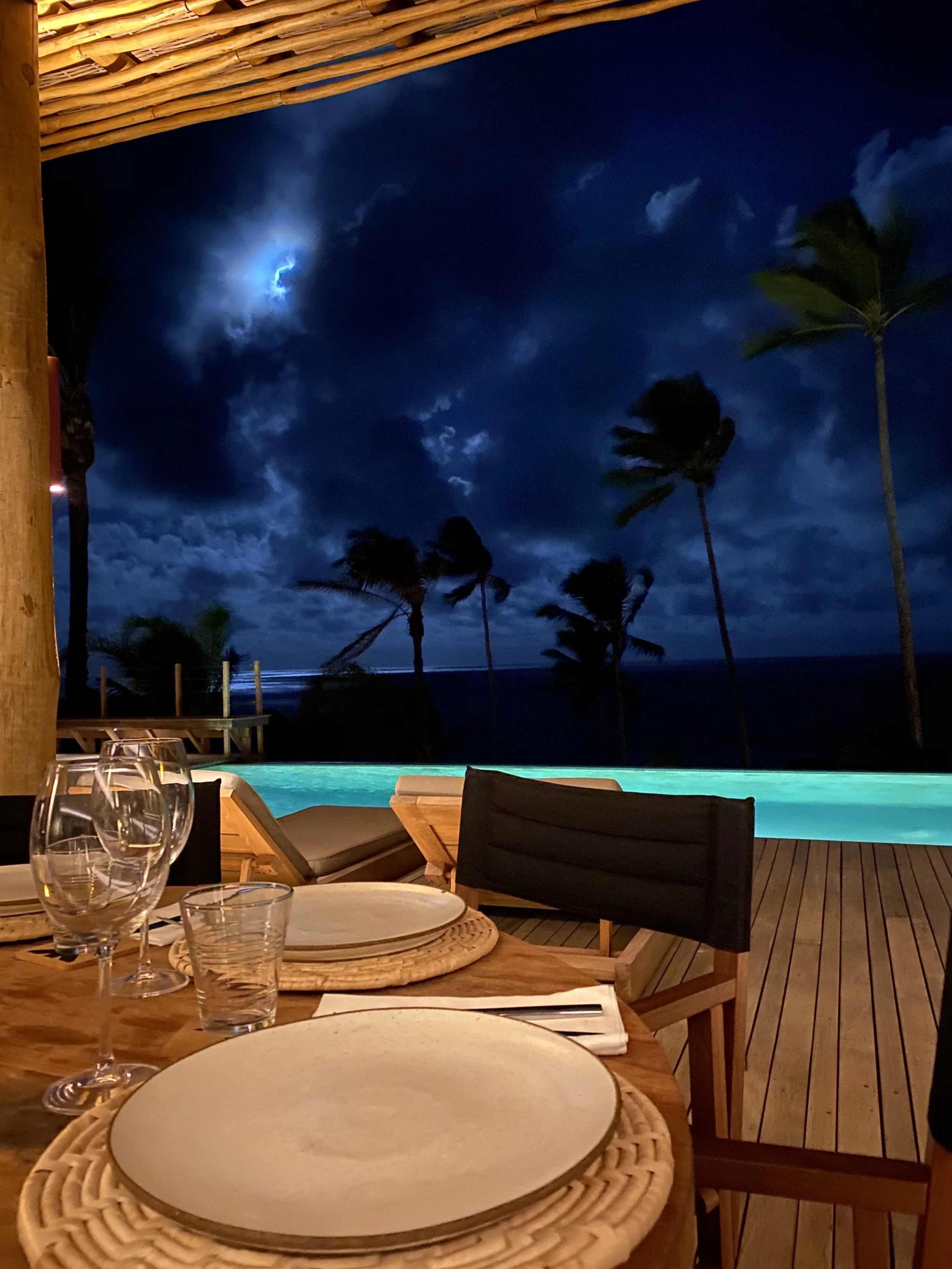 A nighttime scene of a dinner table, overlooking a lit turquoise swimming pool with palm trees, and a cloudy sky with visible moonlight.