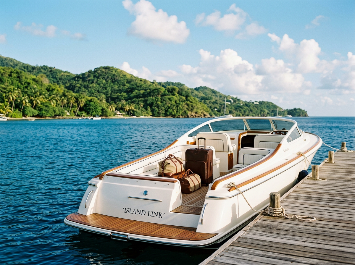 A white luxury yacht named 'Island Link' docked at a wooden pier on a calm blue sea. The yacht has beige and wood accents, with luggage on the back deck, and is set against a lush green, mountainous island under a partly cloudy but blue sky.