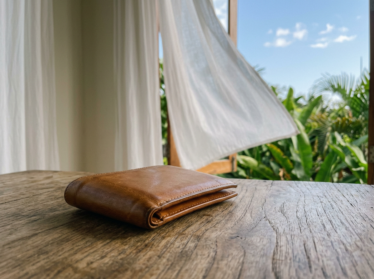A brown leather wallet resting on a wooden table with a background of white curtains, an open window, green plants, and a blue sky with scattered clouds.