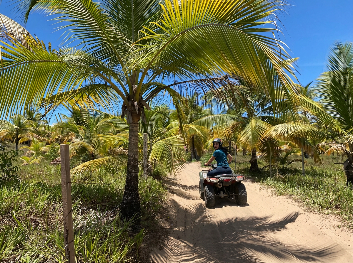 A woman riding an ATV on a sandy trail through a dense area of palm trees under a clear blue sky.
