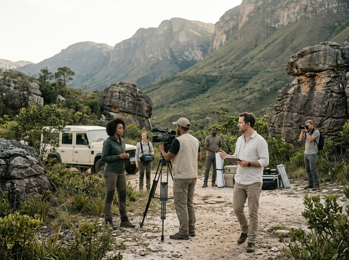 A behind-the-scenes photo of a film crew shooting in Chapada Diamantina - green vegetation, and steep cliffs in the background. The crew, including a woman being filmed, a cameraman, and others, are using professional equipment.