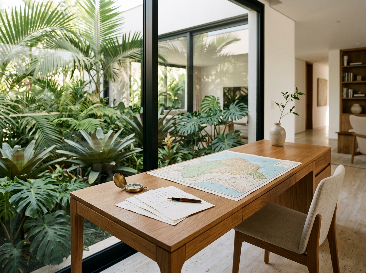 Indoor office with wooden desk, a map, papers, pen, compass, and a potted plant. Large glass window reveals lush green tropical plants outside.