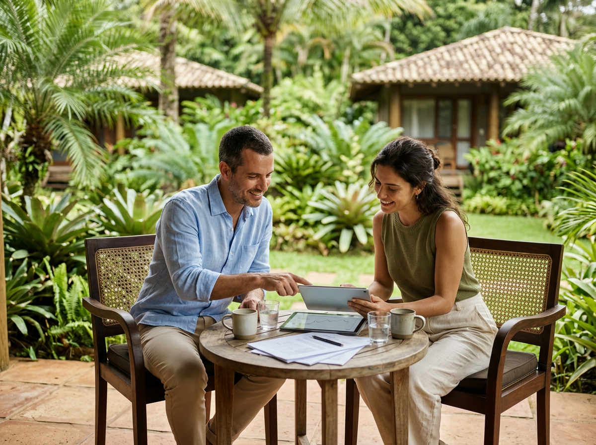 A man and woman sitting at a round outdoor table in a lush tropical garden, sharing a tablet and smiling, with papers, cups, and glasses on the table.