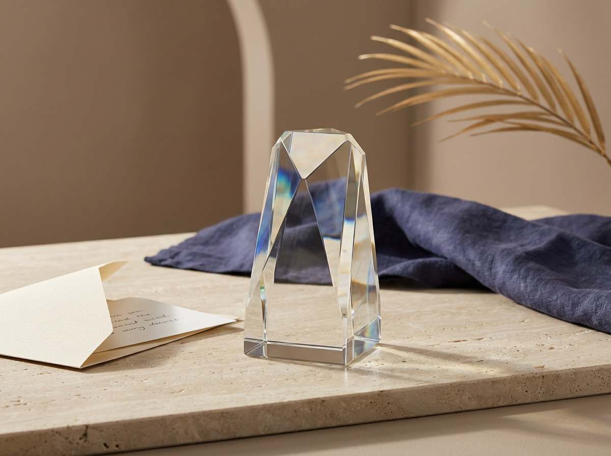 A decorative glass or acrylic prism-shaped object on a beige marble surface with a small white note card, a blue cloth, and a dried golden palm leaf in the background.