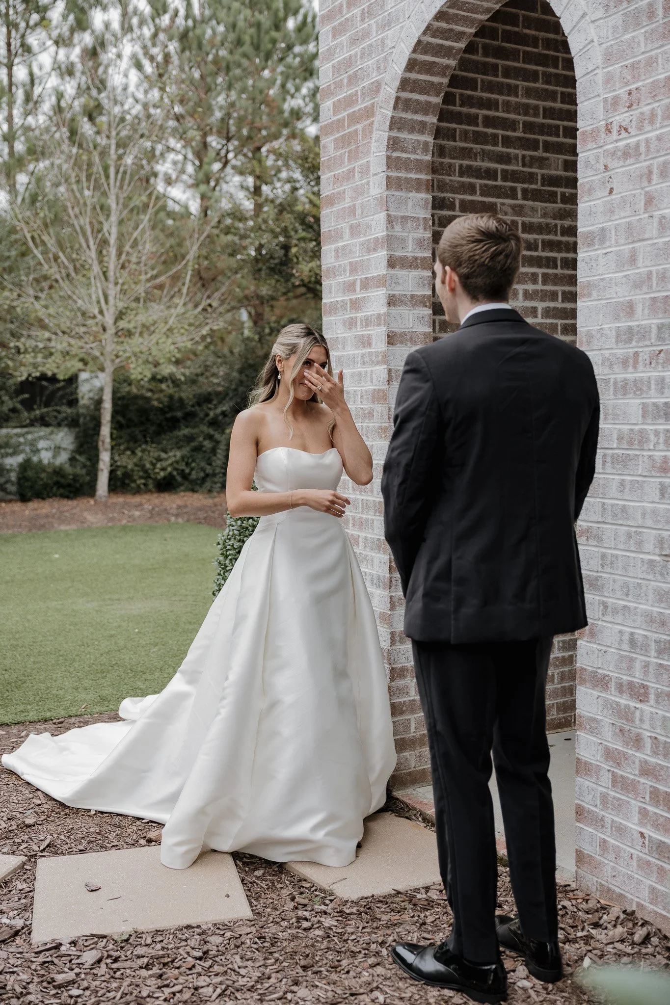 Emotional bride and groom first look at The Bradford wedding venue