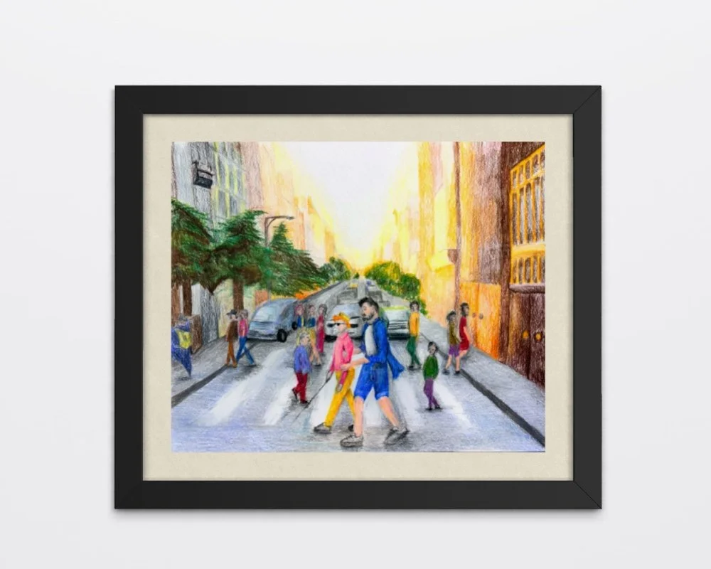 Drawing of a city street scene with pedestrians crossing, tall buildings, cars parked, trees, and a bright sunset or sunrise in the background.