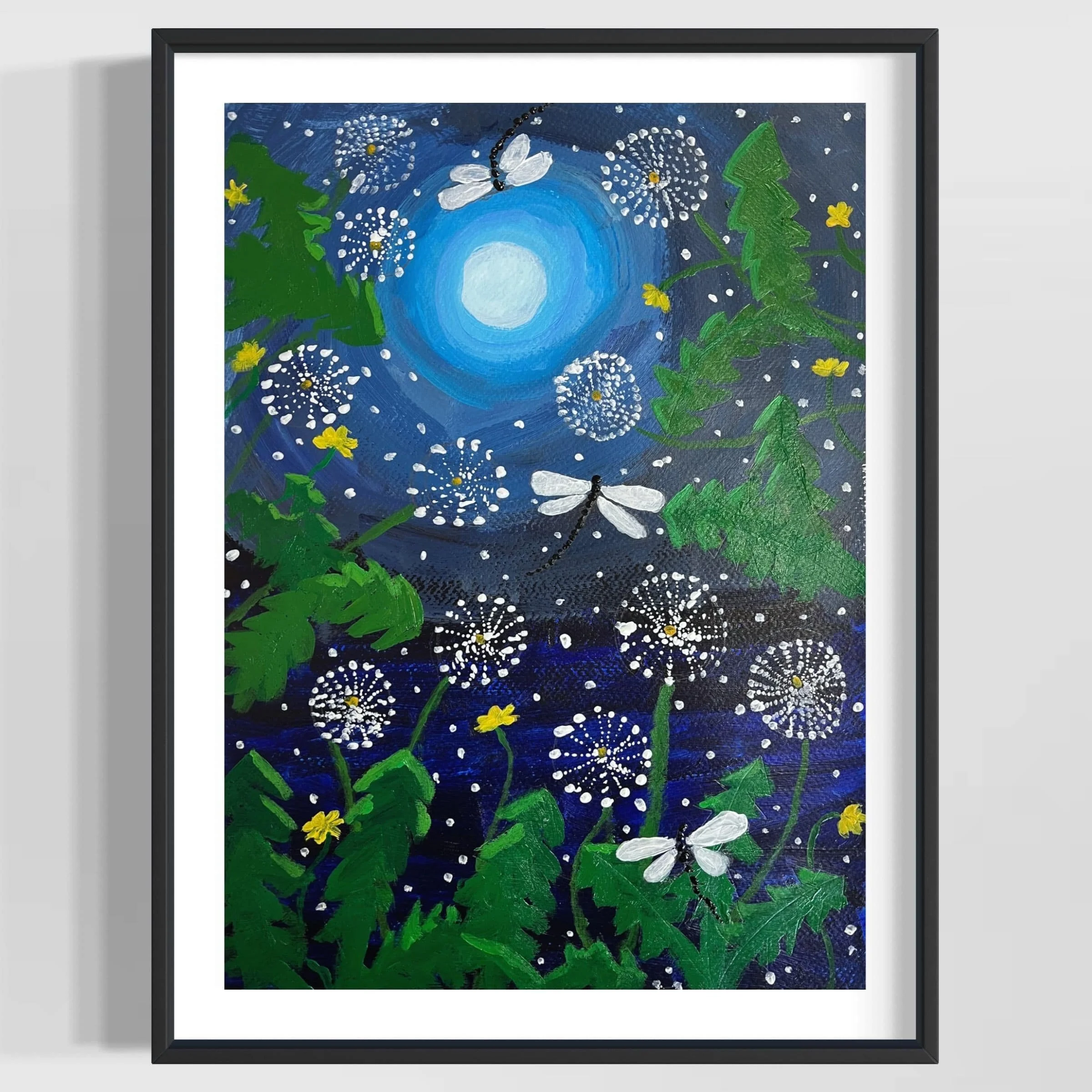 Painting of a night sky with a bright moon, white flowers, yellow flowers, green leaves, and a white butterfly, all surrounded by a black frame.