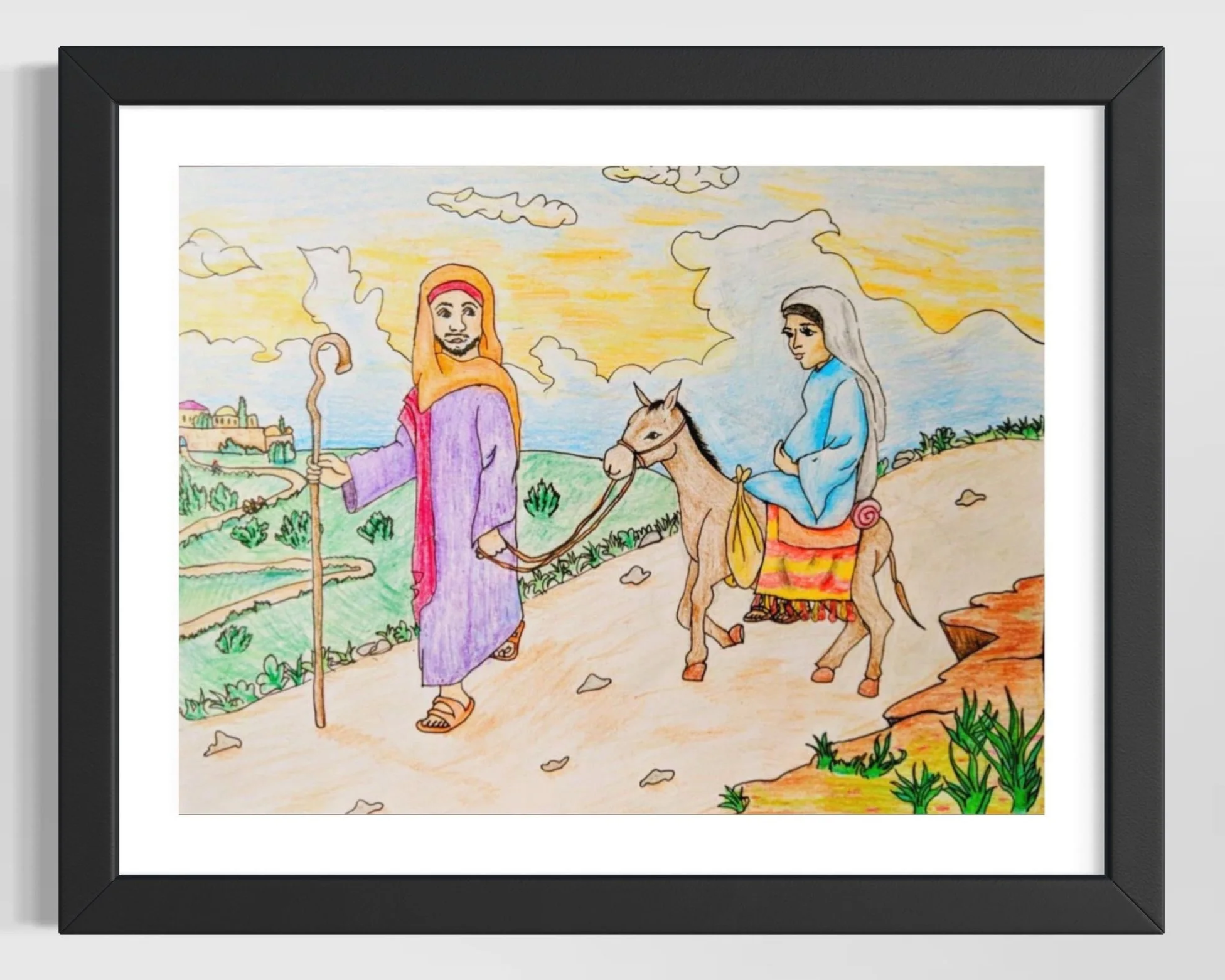 A childlike drawing of a biblical scene depicting Jesus as a shepherd with a staff, a woman holding a lamb, and a donkey, set in a landscape with a city in the distance and a colorful sky.