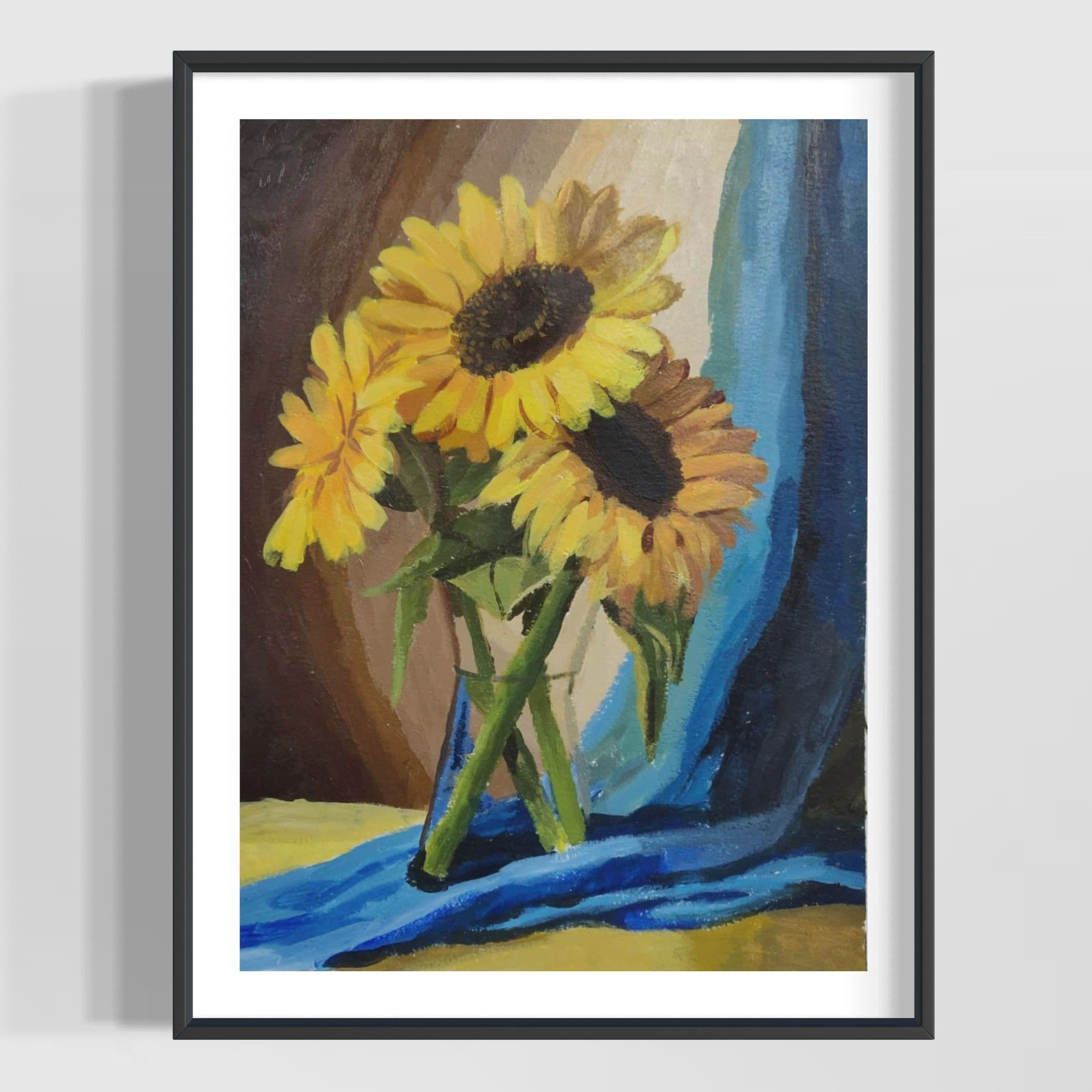 Framed painting of a sunflower with yellow petals and a dark center, against a colorful background with shades of brown, blue, and green.