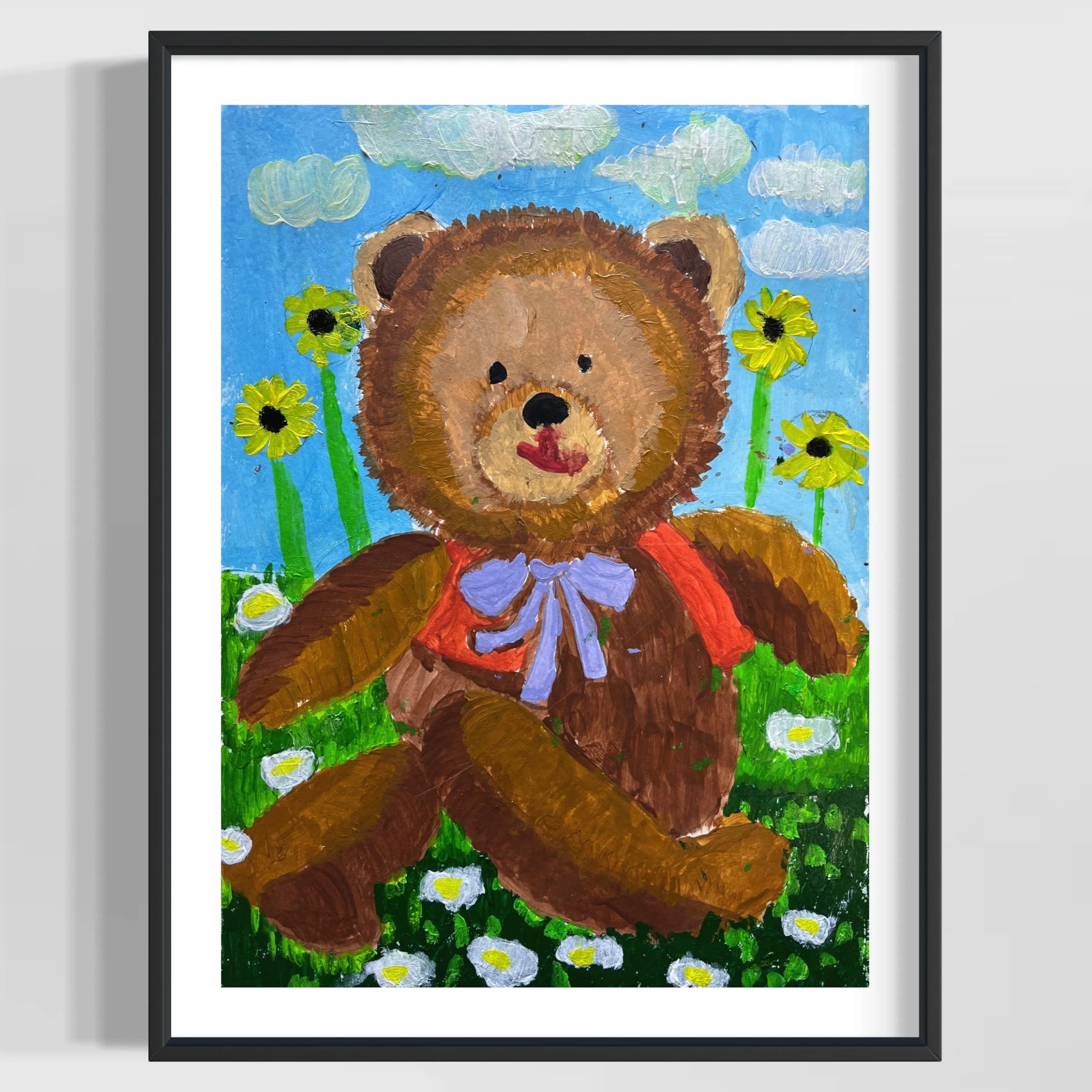 Child's painting of a bear with clouds, flowers, and green grass in the background.