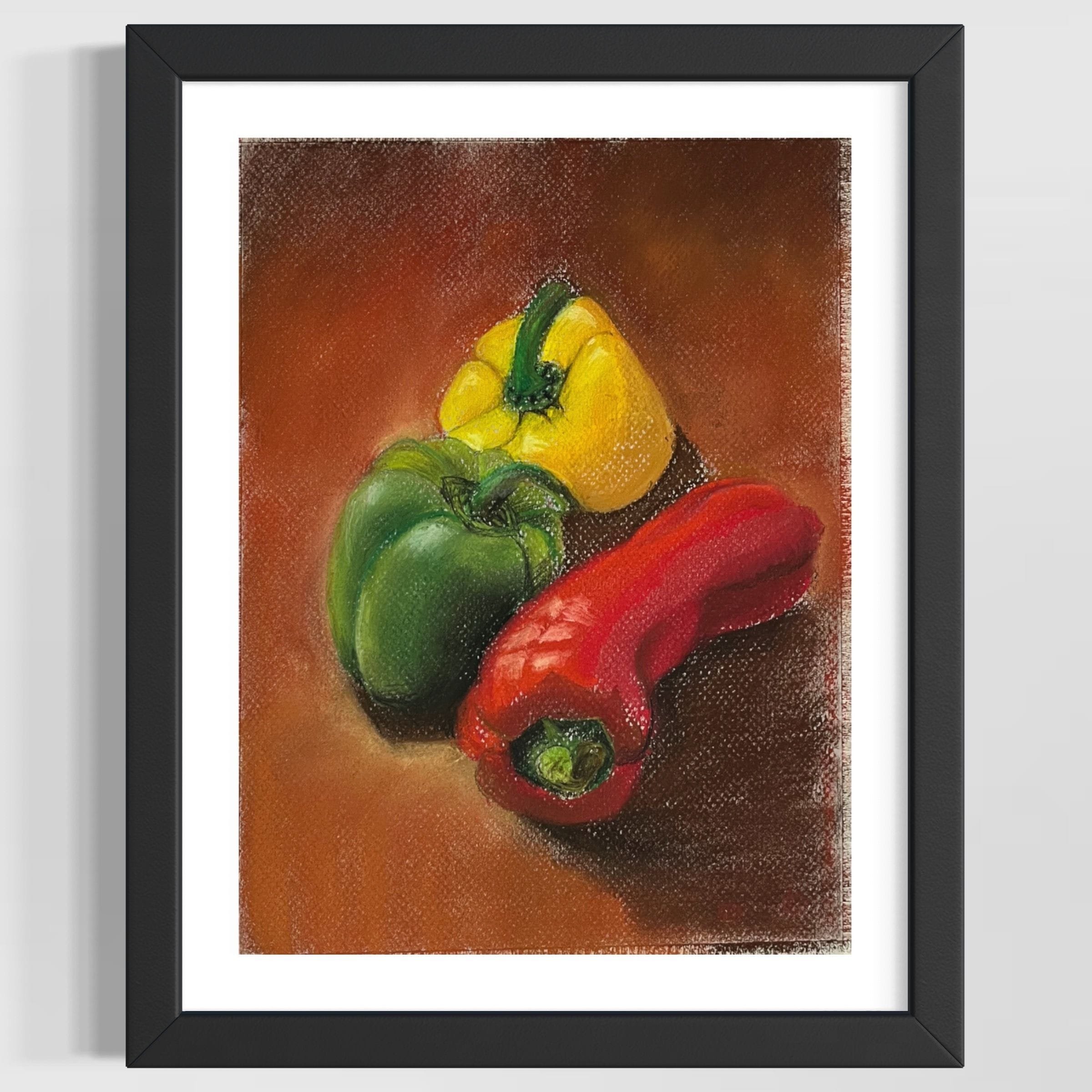 Partial view of a framed painting depicting colorful peppers on a reddish background.