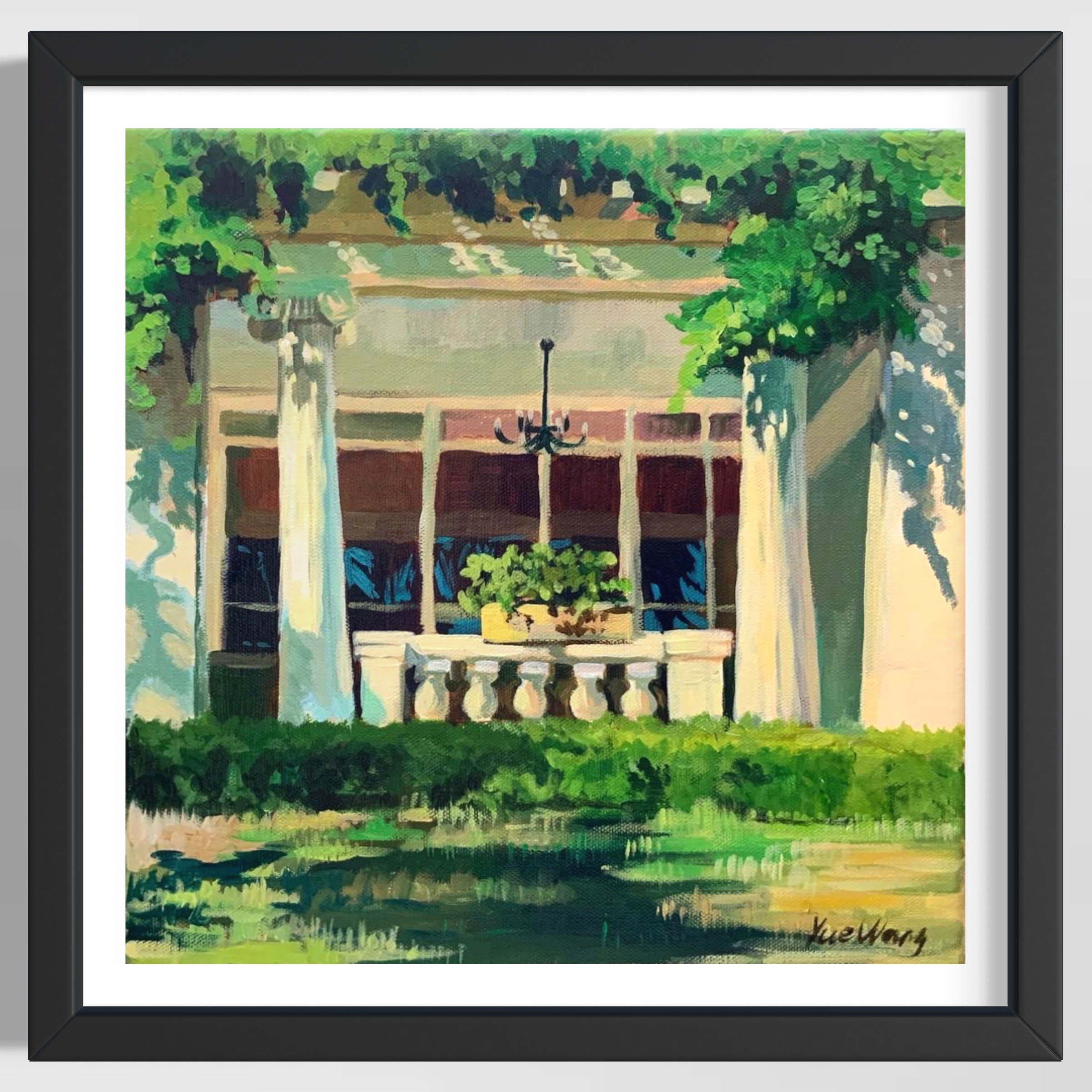 An oil painting of a lush green park with a gazebo, trees, and a fountain in the foreground, signed by the artist in the bottom right corner.
