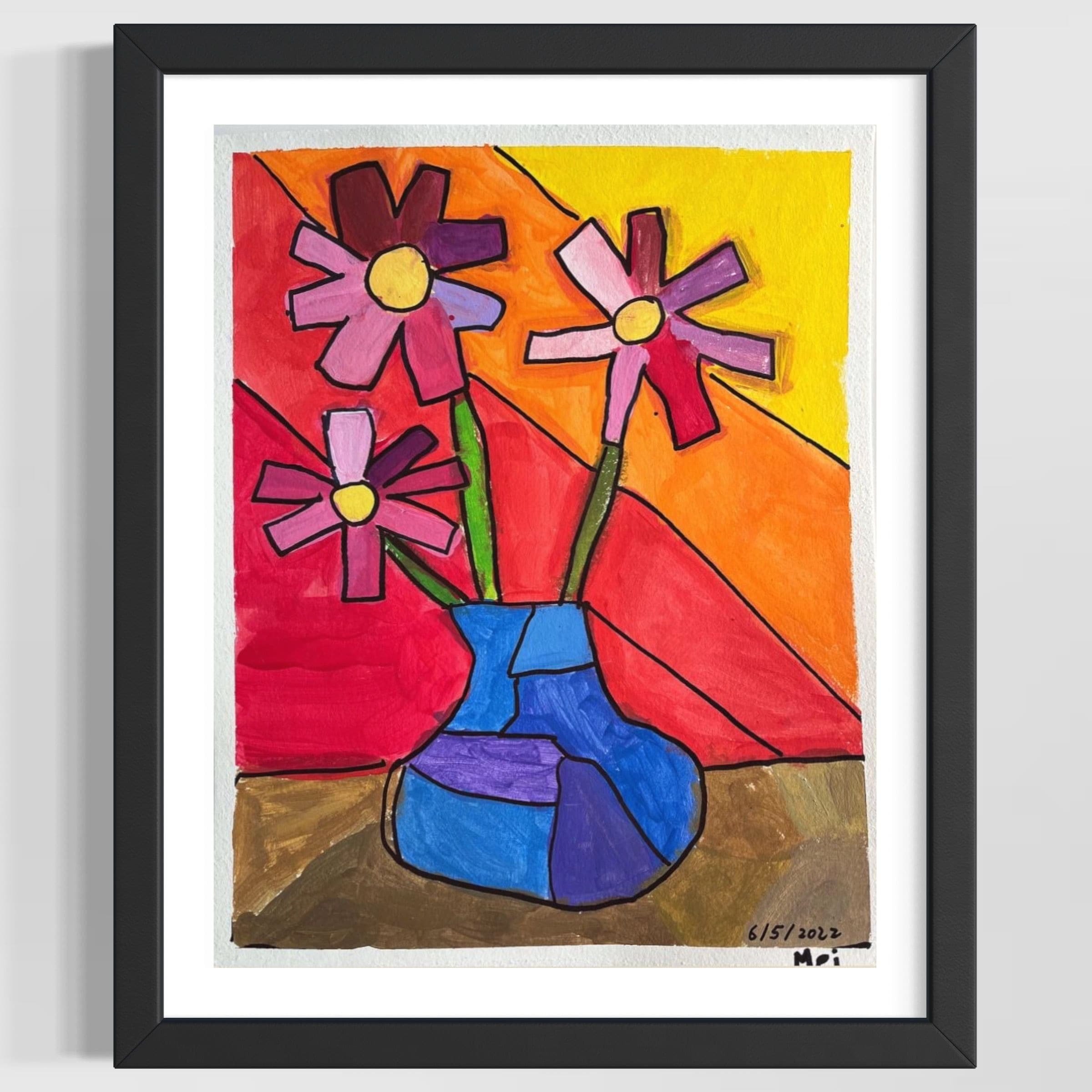 A colorful abstract artwork featuring three pink flowers with yellow centers and green stems, set against a vibrant red, orange, yellow, and brown background. The artwork is signed and dated 6/5/2022 in the bottom right corner.