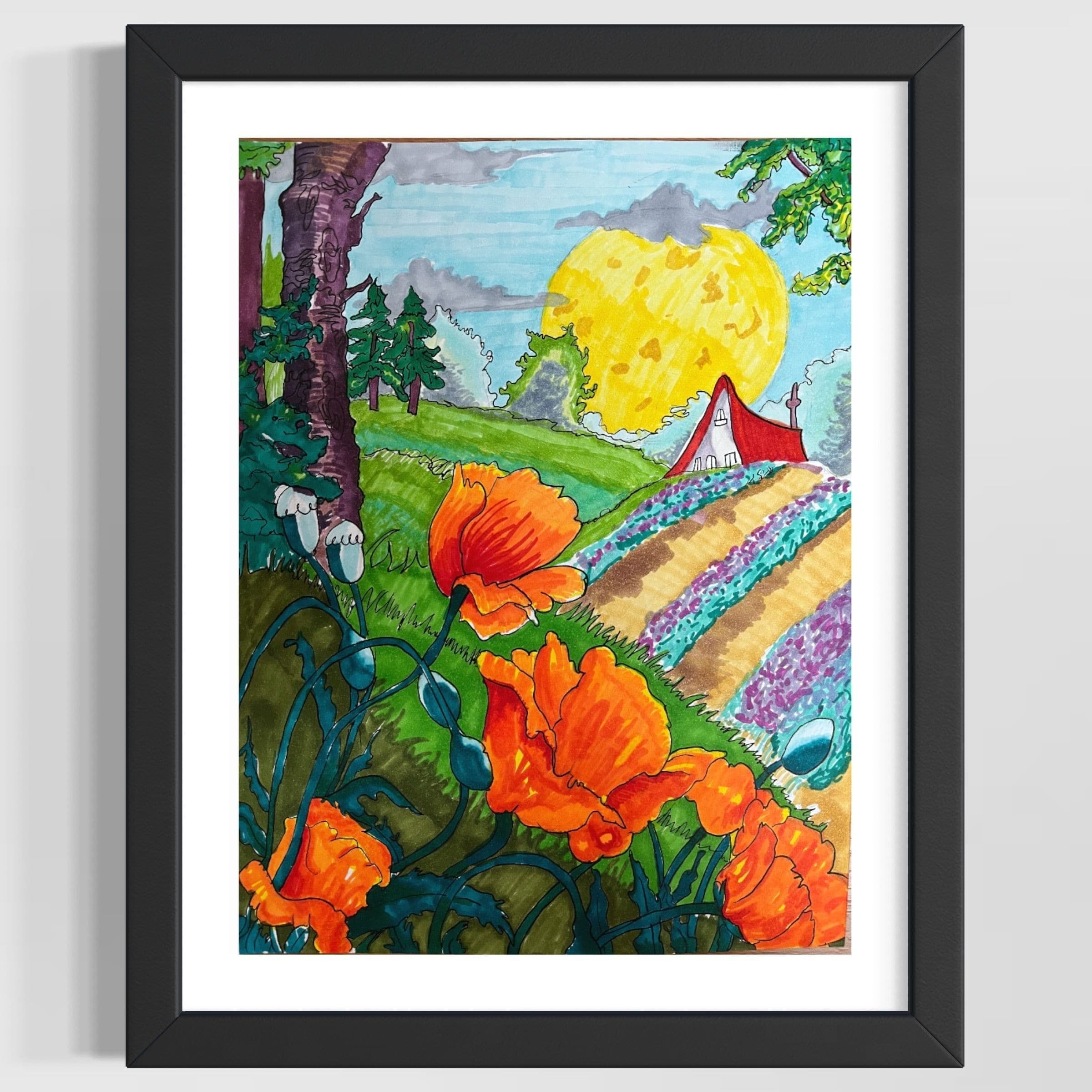 A colorful painting of a landscape with a large yellow sun, green trees, a small white house with a red roof, and vibrant orange flowers in the foreground, framed in black.