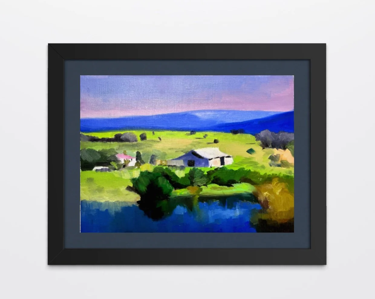 A colorful landscape painting of a countryside scene with a river, green hills, a few houses, trees, and mountains in the background under a pastel sky.