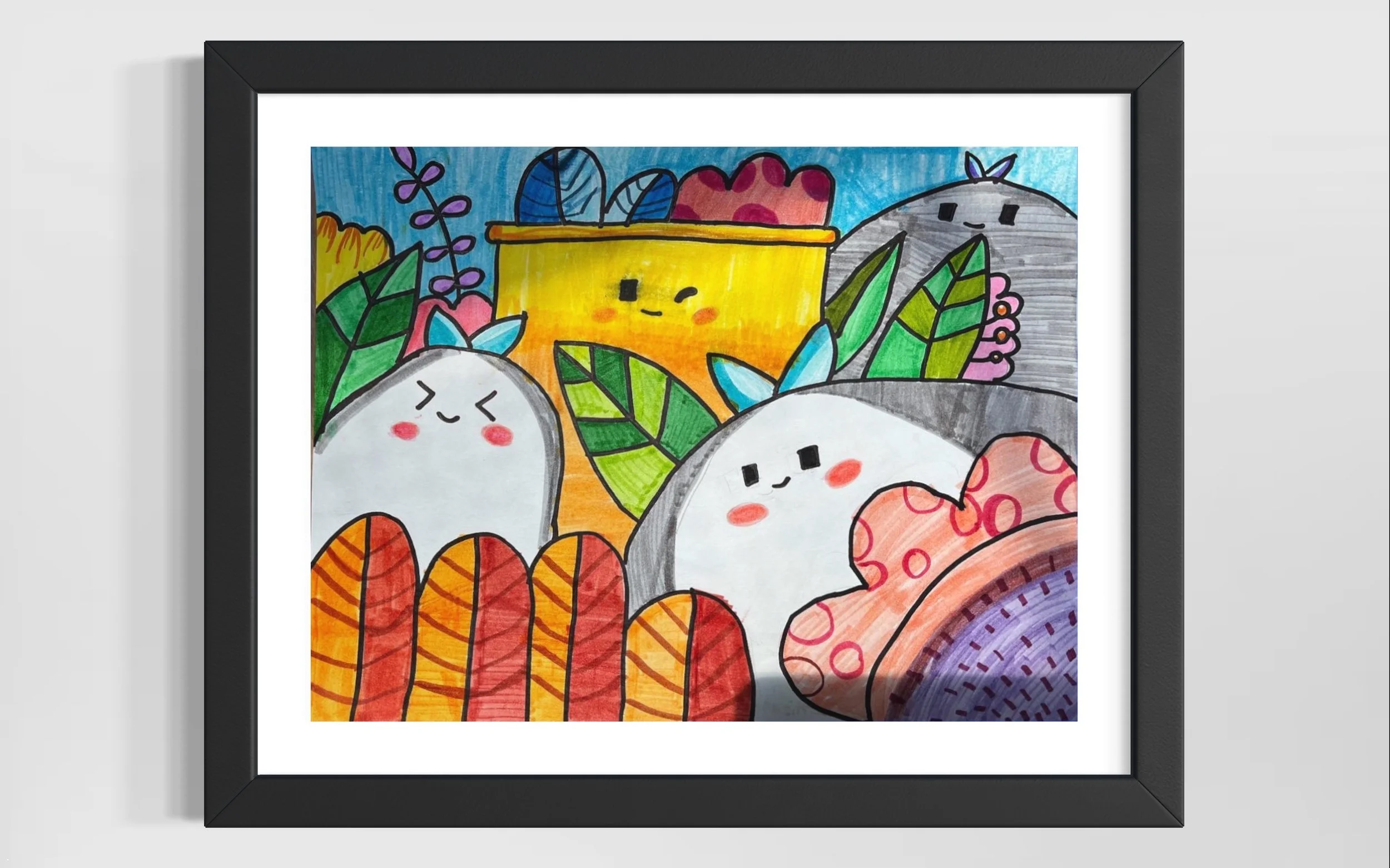 Colorful children's drawing of smiling rocks with blush cheeks, surrounded by various plants and patterns, inside a black frame.